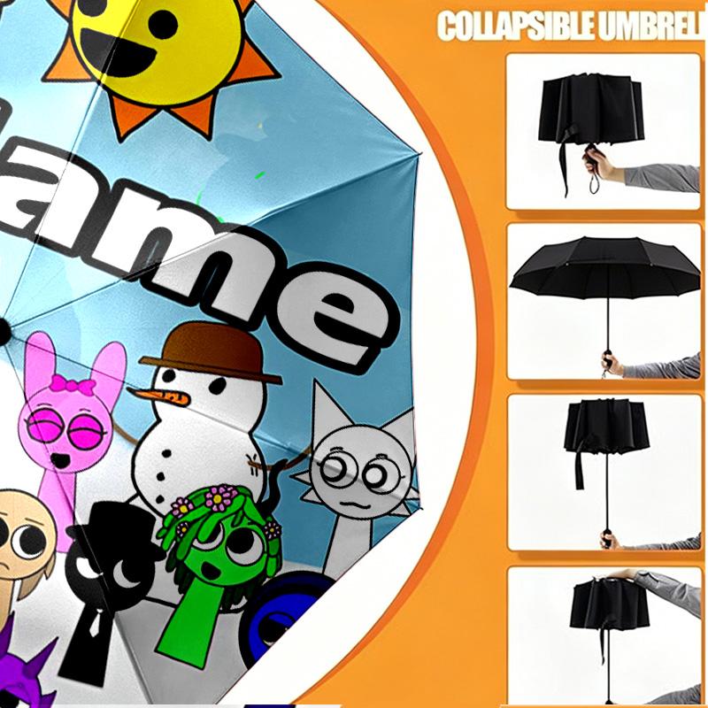 Custom Name Personalized Sprunki Game Print Umbrella, Auto Open Close, 8‑Rib Sturdy Frame, Commute Camping Hiking Use, Birthday Gift