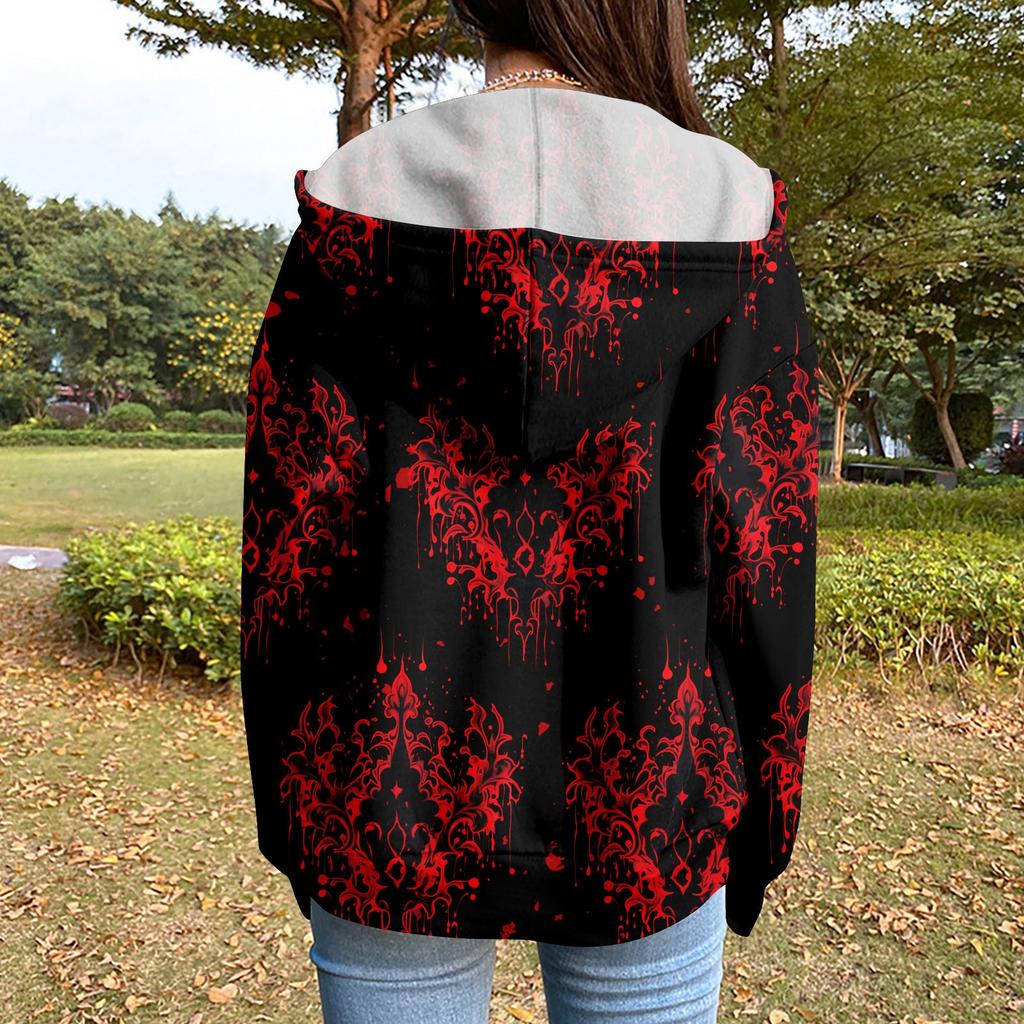 Sweat-shirt à capuche décontracté pour femme à manches longues avec fermeture éclair et cordon de serrage imprimé