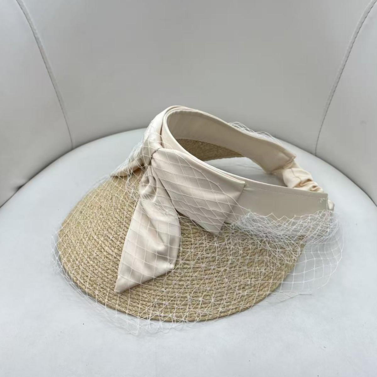 

Lafite big-brimmed straw hat, mesh bow, empty top hat, children s sun protection, sunshade and UV protection, no top hat. M（55-58cm） бежевый