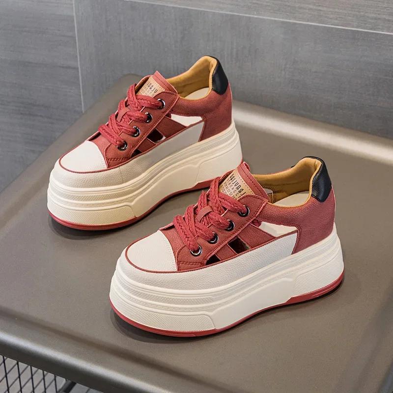 Fashion 9cm Genuine Leather Platform Sneakers Wedge Shoes for Women Breathable Sneakers Autumn Casual Shoes Hidden Heel Zapatillas Mujer
