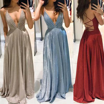 Backless Party Dress Sparkly Spaghetti Strap Gown Low Cut Floor-Length Lady Dress