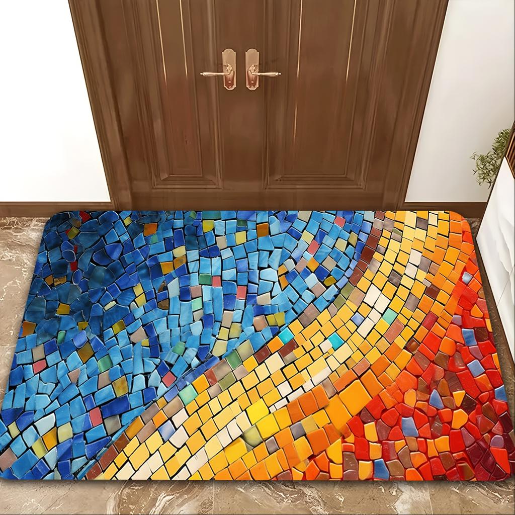 Colorful Mosaic Pattern Welcome Doormat, Non Slip Floor Mat for Kitchen Corridor and Bedroom, Washable High Traffic Home Decor