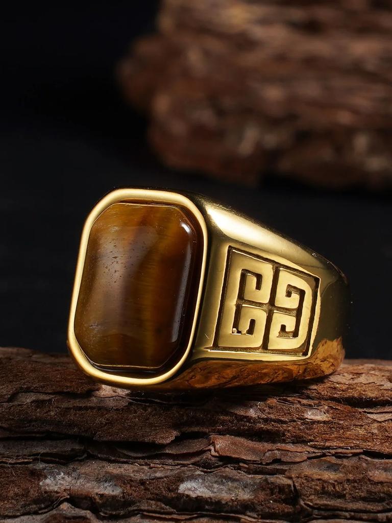 1pc Men's Vintage 316L Stainless Steel Ring with Natural Tiger's Eye Stone Intricate Detailing, Durable Unisex Jewelr