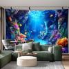 2D Deep Sea World Tapestry, Blue Ocean Cave Coral Wall Hanging for Home Decor