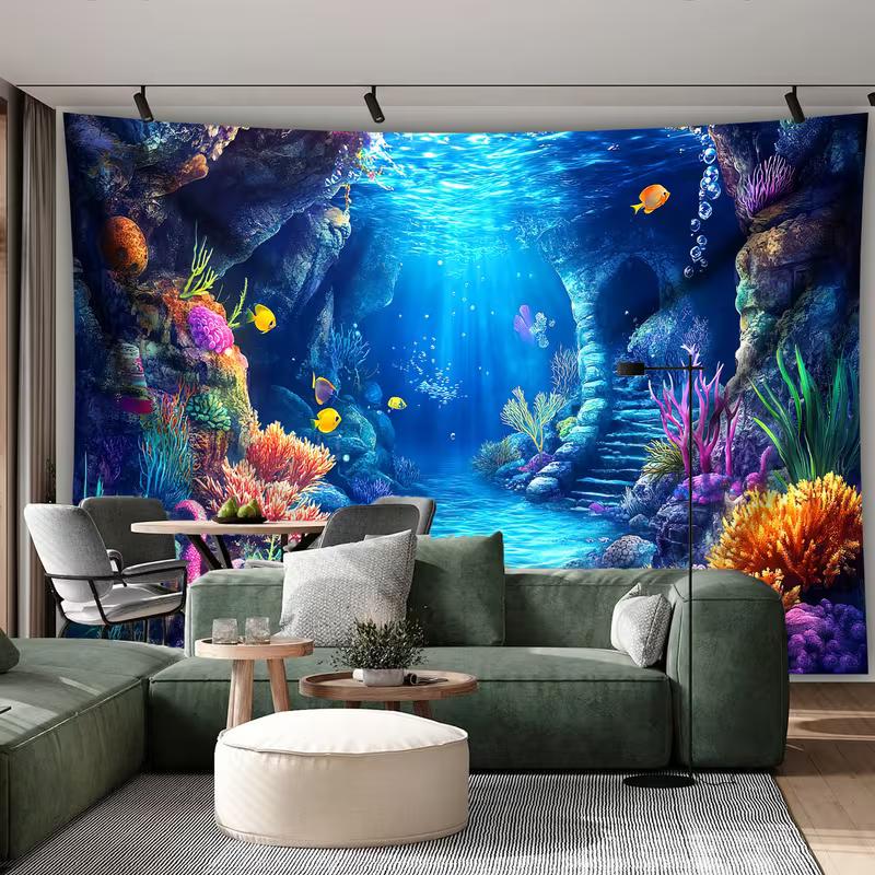 2D Deep Sea World Tapestry, Blue Ocean Cave Coral Wall Hanging for Home Decor