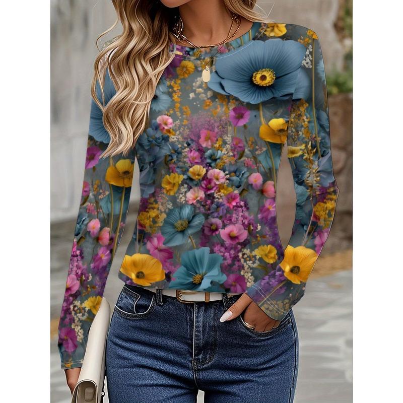 Round Neck 3D Flower Printed Top Casual Long Sleeved Women's T-shirts - Soft Medium Stretch Polyester Fabric Spring and Autumn Relaxed Fit Clothing