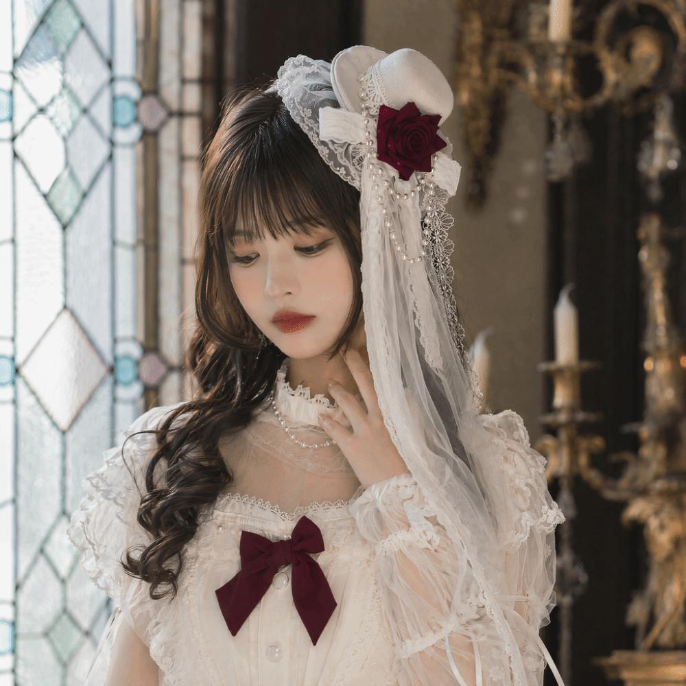 Lace Gothic Lace Veil Chain Detail Retro Small Top Hat Mini Top Chiffon Rose Hat Halloween Cosplay