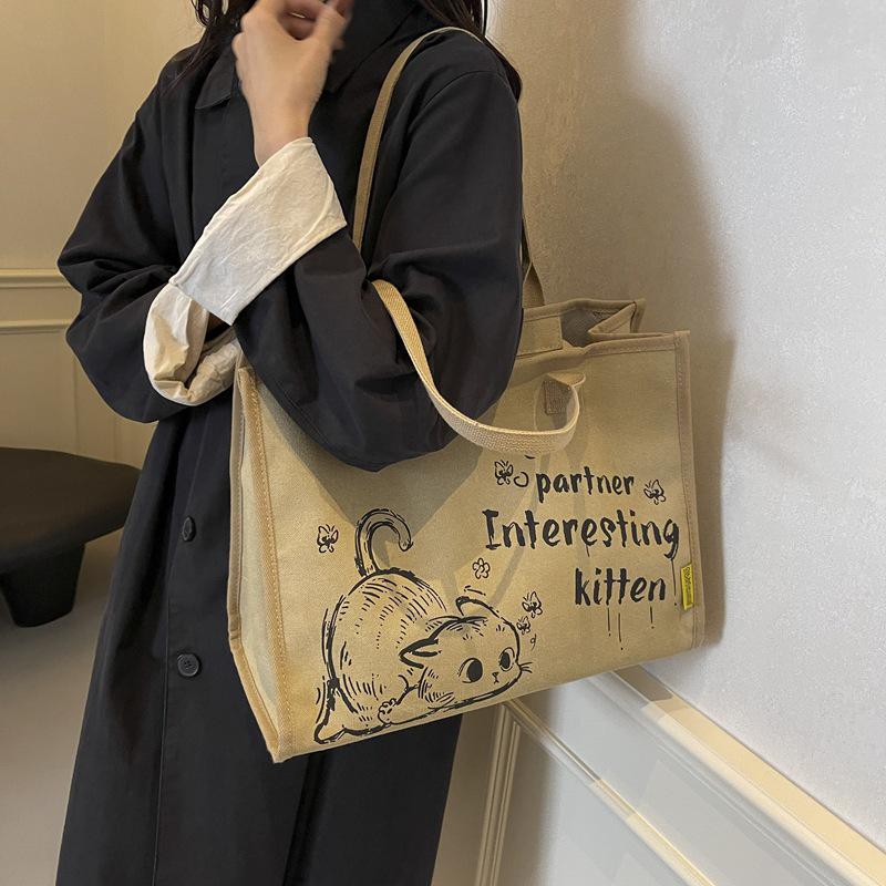 Новая женская большая холщовая сумка-тоут 2025: Японская мультяшная сумка через плечо и сумка хаки