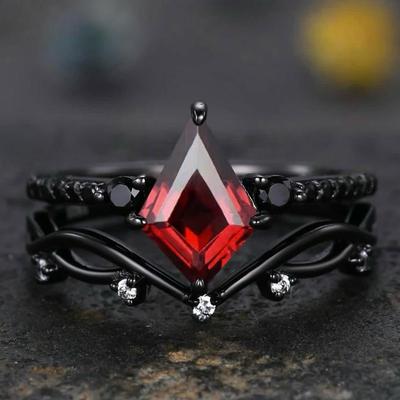 Czerwony Kryształowy Kamień Szlachetny Kwadratowy Diament Czarne Pierścionki dla Pary - Biżuteria Galwanizowana w Stylu Retro