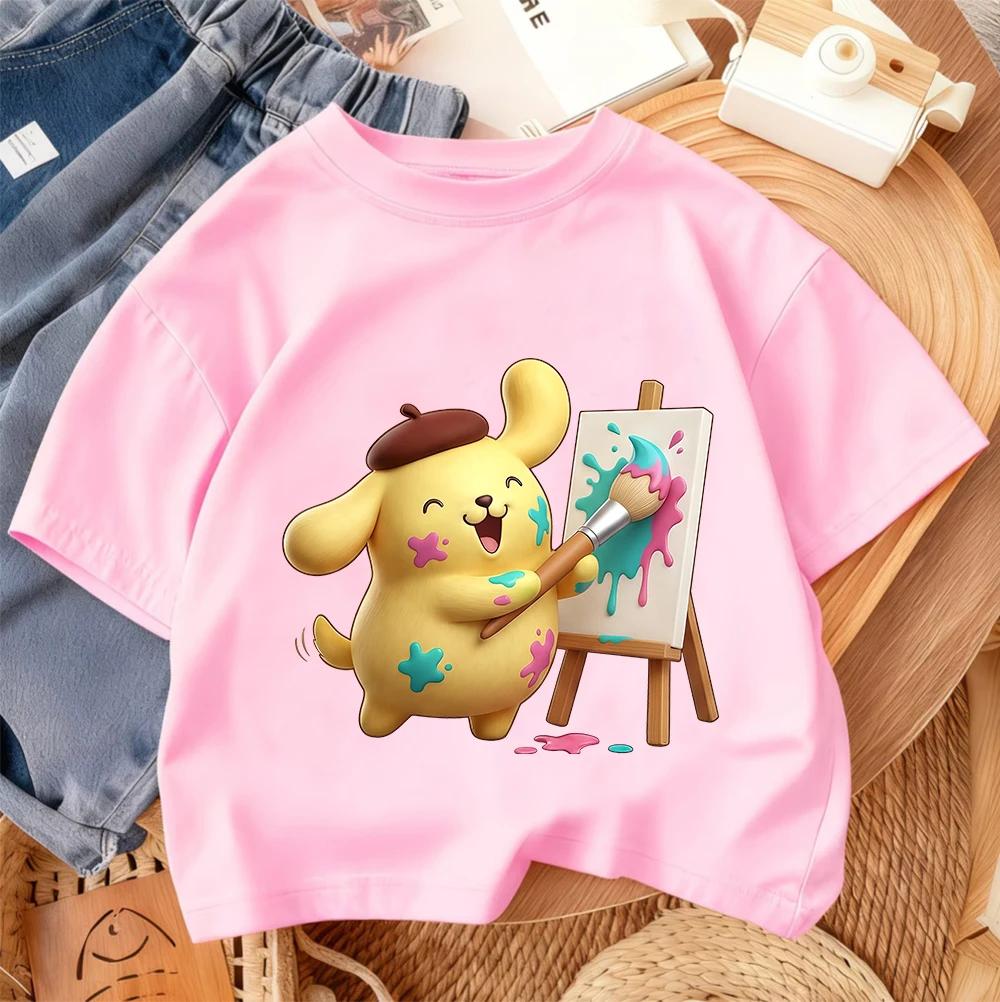 Summer Fashion Crew Neck Streetwear Boys and Girls 3-14 Years Old Kids Casual T-Shirt Cute Pudding Dog Cartoon Print