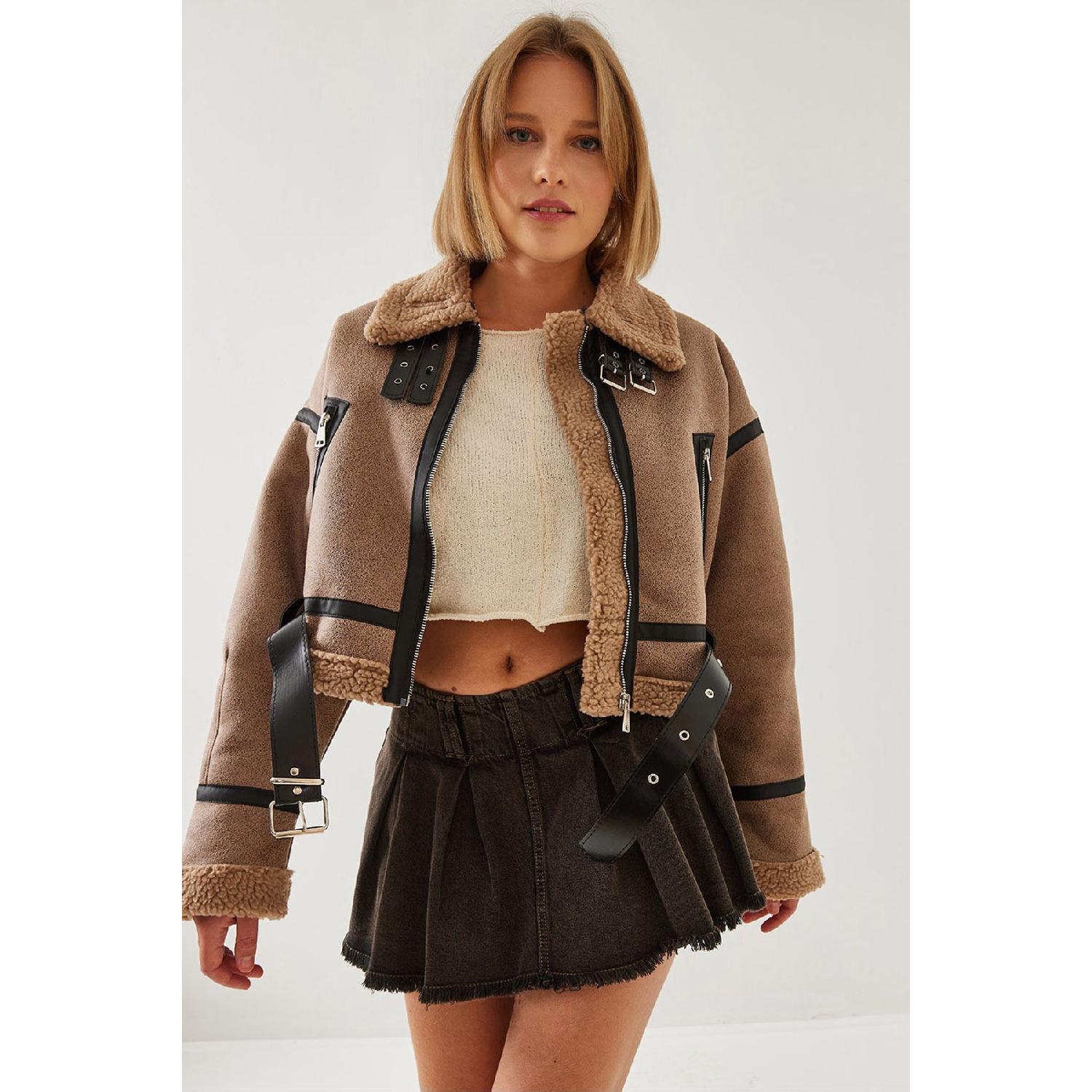 

Women s Belted Collar Fur Laminated Coat 3027 60251967 36 ваніль