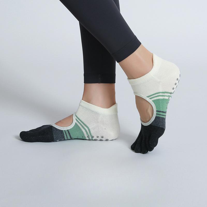 

Женские полосатые носки с открытым носком, контрастной расцветки, на бретелях, спортивные, для фитнеса, пилатеса, йоги, пятипалые 1 pair зелёный