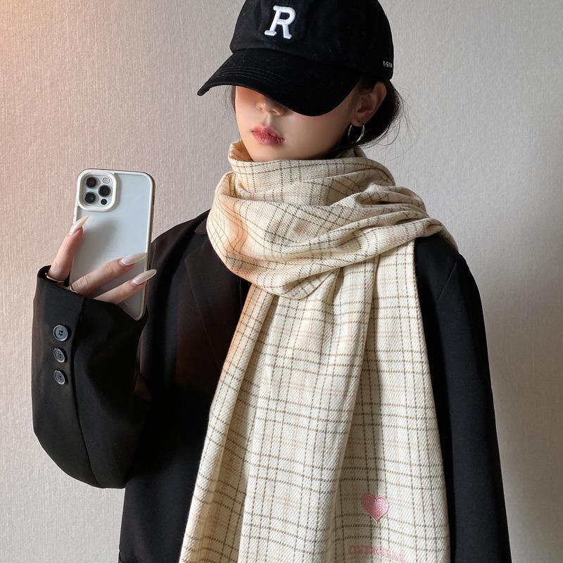 Love Beige Plaid Scarf Women's Autumn and Winter New Student Imitation Cashmere Shawl Dual-purpose Scarf