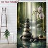 4Pcs 2D Flat Zen and Orchid Shower Curtain Set with Non-Slip Bath Mat, Toilet Lid Cover, Contour Rug & 12 Hooks, Bathroom Decor