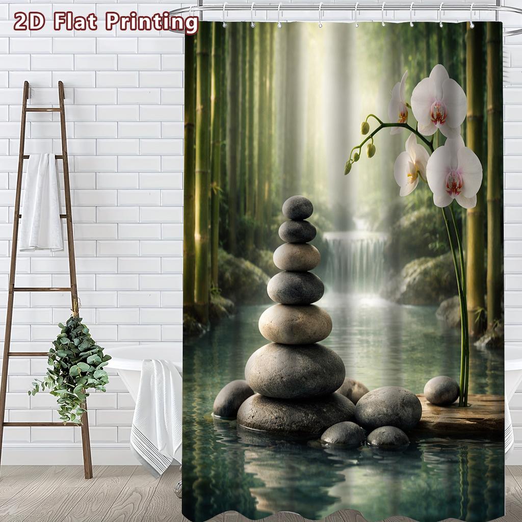 4Pcs 2D Flat Zen and Orchid Shower Curtain Set with Non-Slip Bath Mat, Toilet Lid Cover, Contour Rug & 12 Hooks, Bathroom Decor