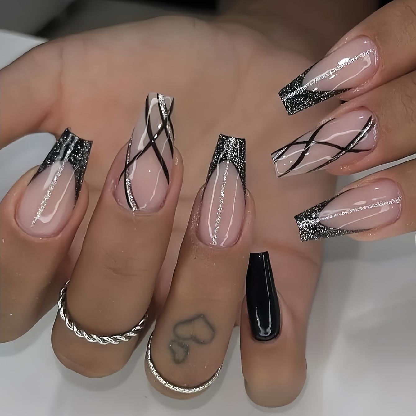 

24pcs of Black French Coffin-Shaped Fake Nails with Golden Powder, Jelly Glue, and Nail Files