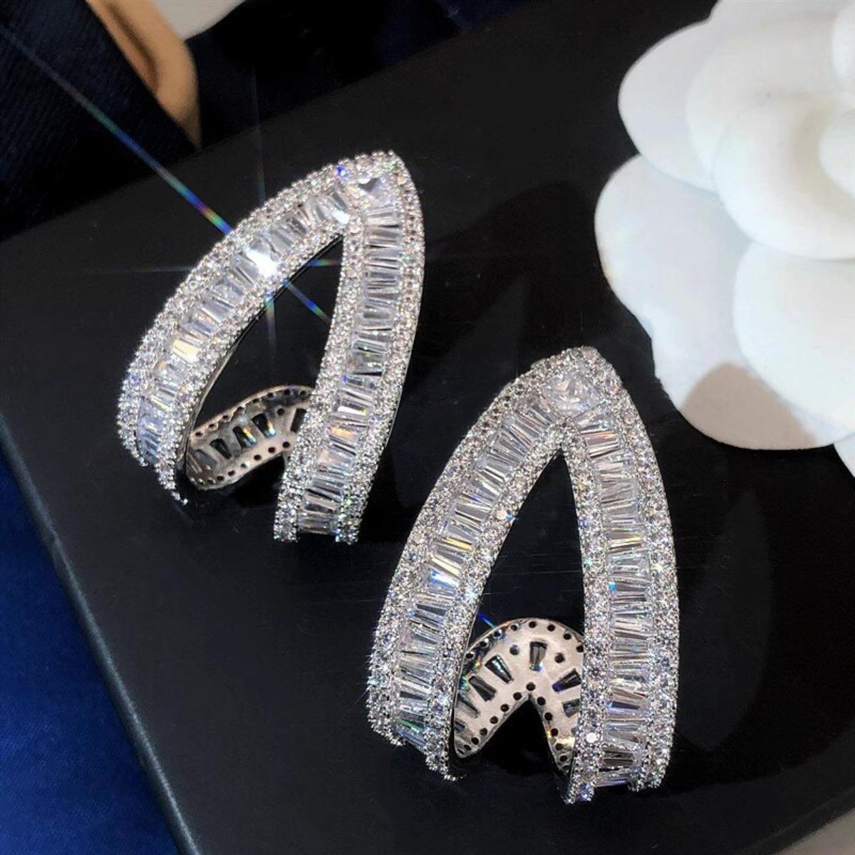 Elegant Sparkling Double-Layer Triangle Cutout Cubic Zirconia Earrings