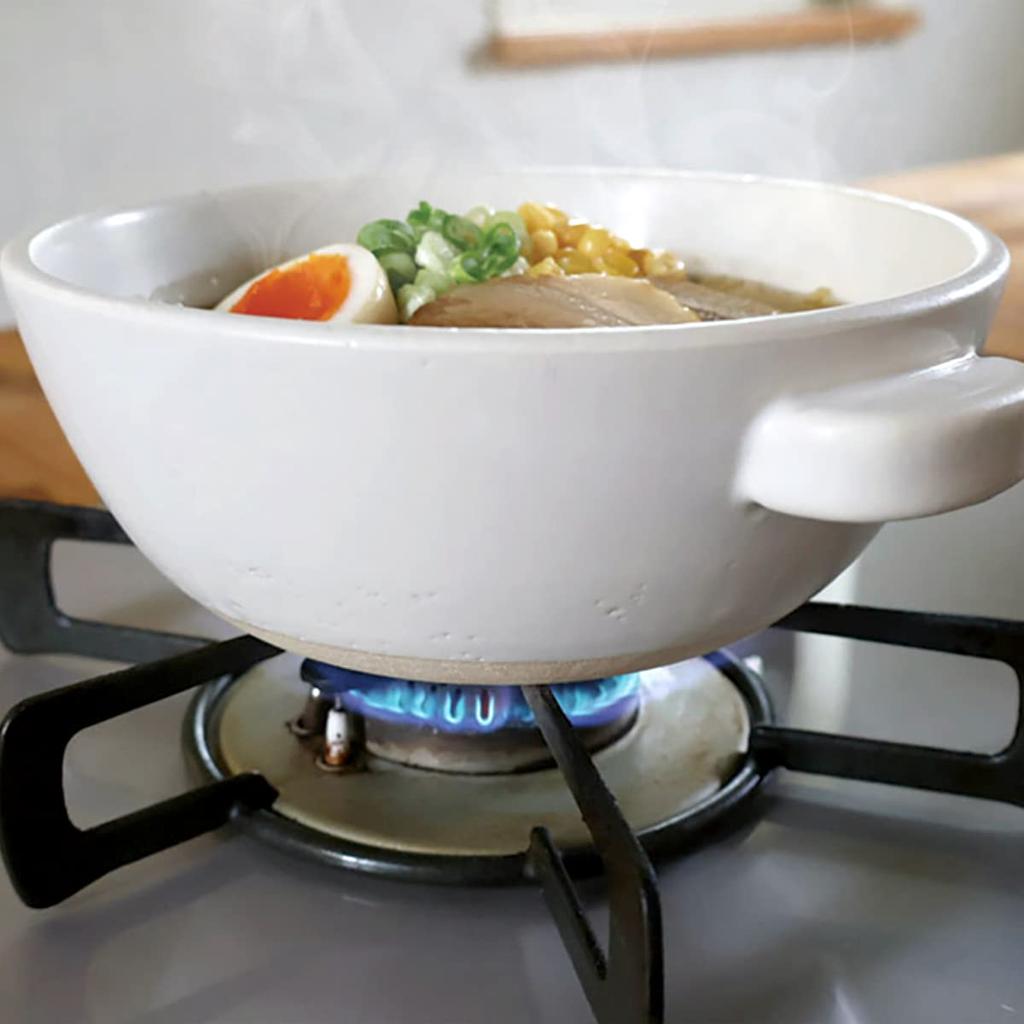 Kamoshika Dougu Store Open-Food Ramen Pot with Rice Spoon and Base, Single-Serving Pot and Serving Bowl, Banko Ware, Made in Japan, Black