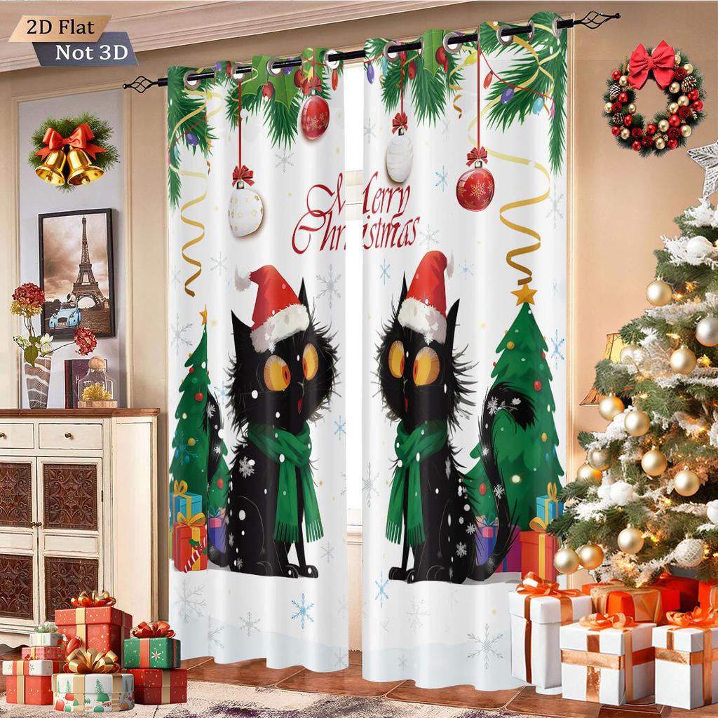 2Pcs Christmas Black Cat Print Blackout Curtains Multiple Size Living Room Bedroom Home Insulation Decoration, Machine Washable