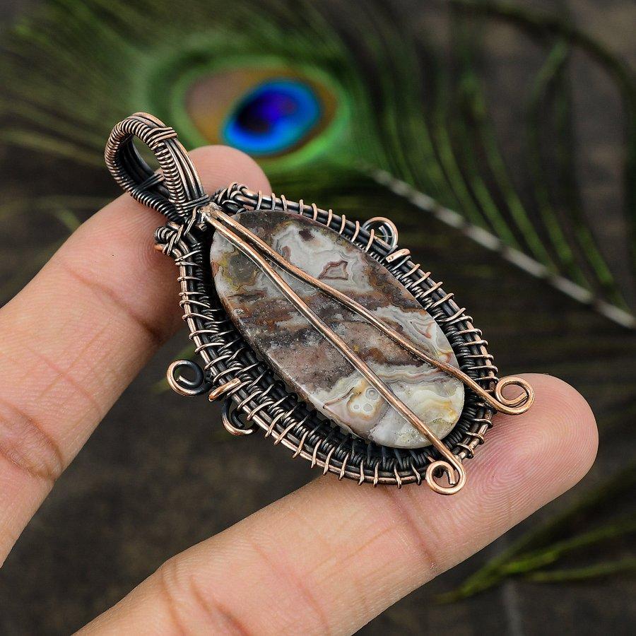 Natural Crazy Lace Agate Gemstone Copper Wire Wrap Gift Pendant 2.56" e7v40