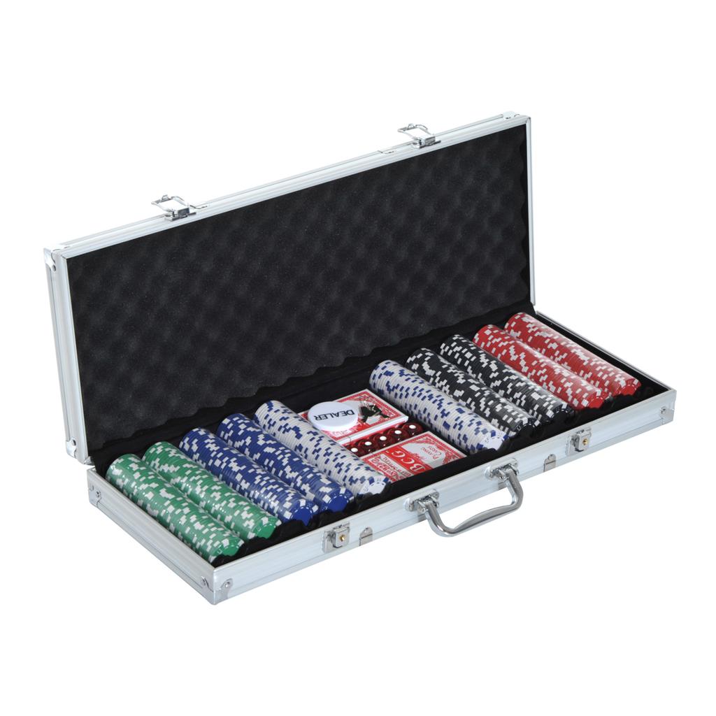 Poker Set, Complete Poker Case, 500 Chips, 2 Decks, 5 Dice, Dealer Button, Aluminum