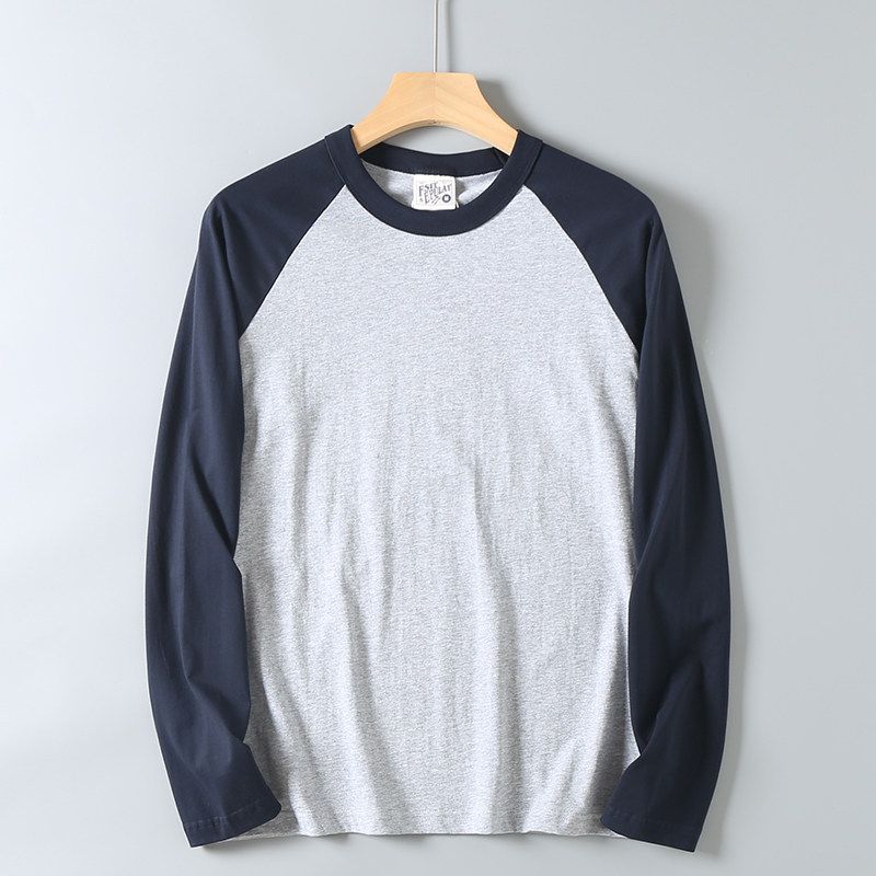 Men's Autumn Round Neck Raglan Long Sleeve T-Shirt, Casual Color-Blocking Pure Cotton Base Shirt, Trendy
