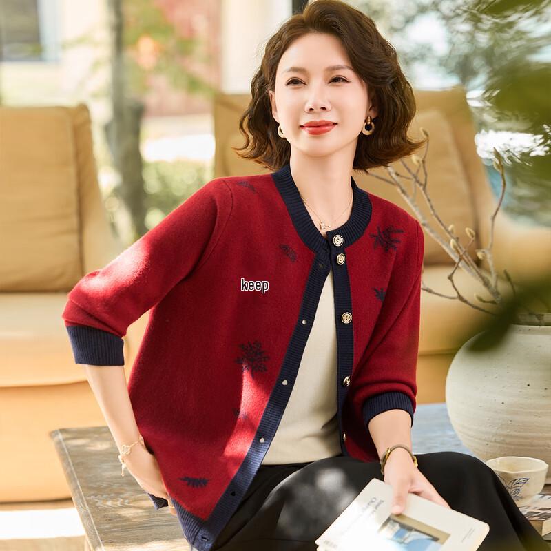 

Mid-Aged Women s Round Neck Knit Cardigan 3XL
