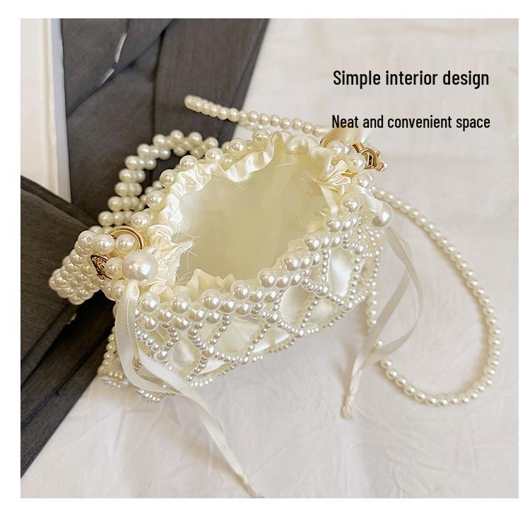 French Pearl Handbag: Elegant Women's Beaded Evening Bag, Large Capacity, Handmade Woven Shoulder Bag.