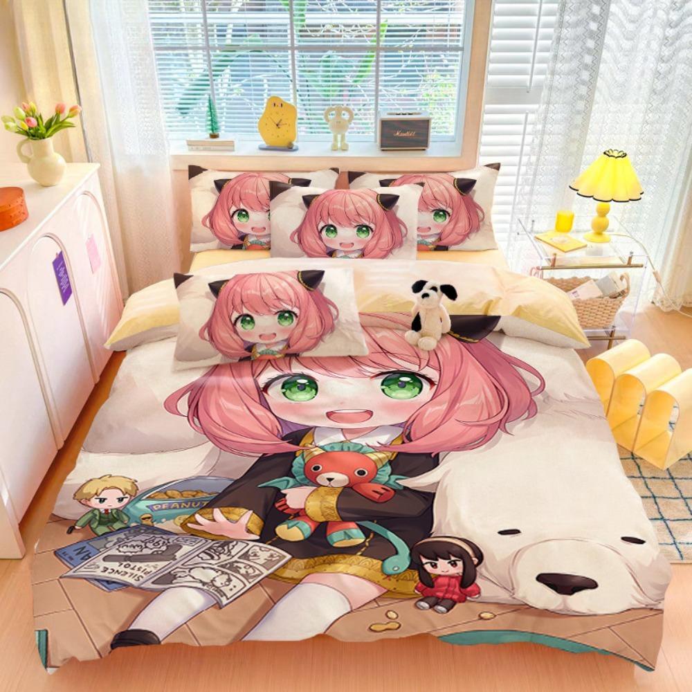 Cartoon Anime girl,Microfibre Bedding Sets, Children's Bed Decor Duvet Cover for Teenagers Adult 3-Piece  with Zip Room Decor