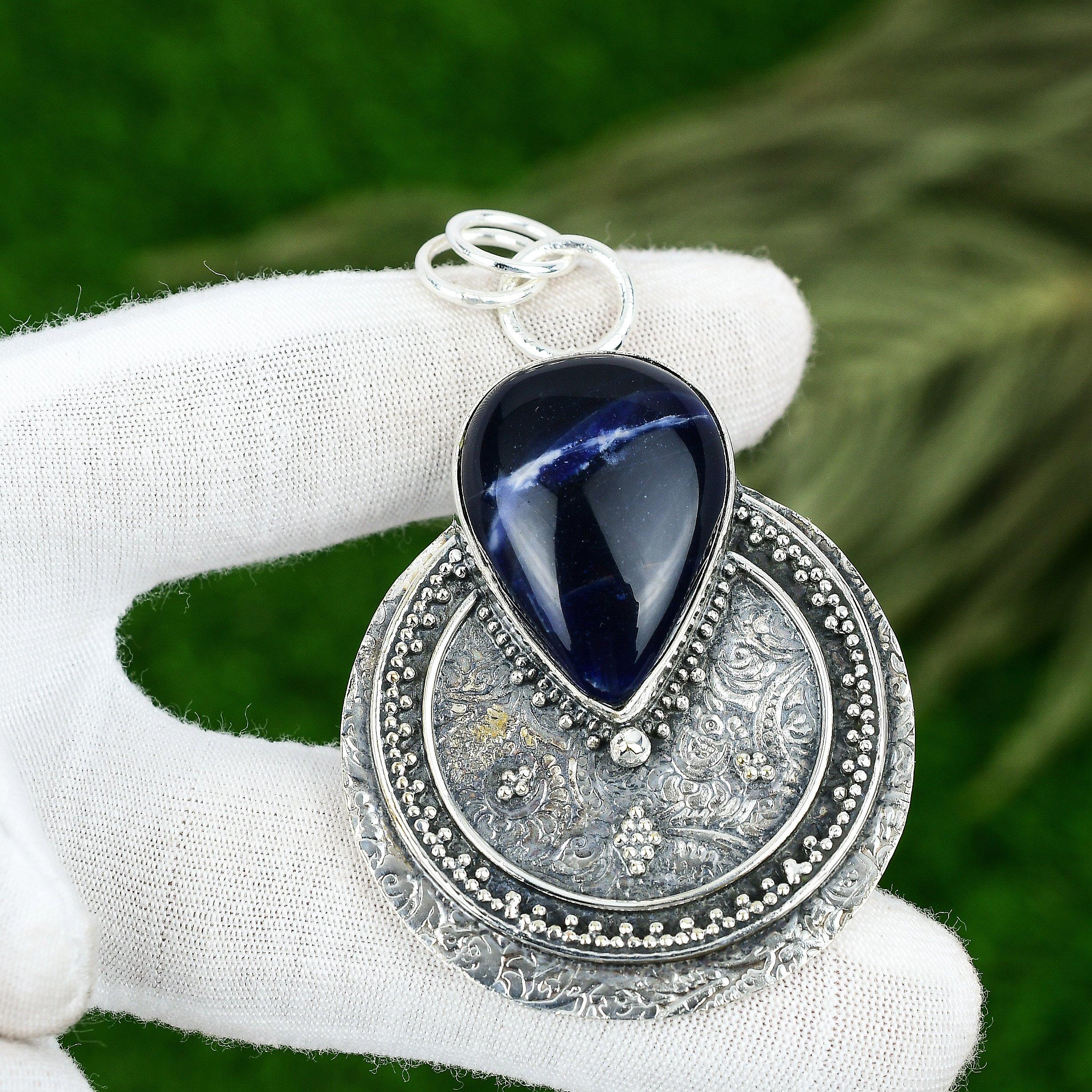 Natural Sodalite Bezel Wife Third Eye Chakra Boho Pendant 925 Sterling Silver