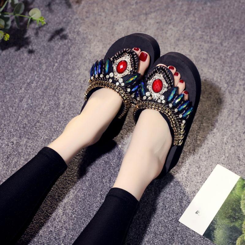 Rhenstone Shoes for Women Platform On Beach Woman Slippers Wedge Heel 2025 Luxury Pvc New Style Elegant and Fashionable Non Slip