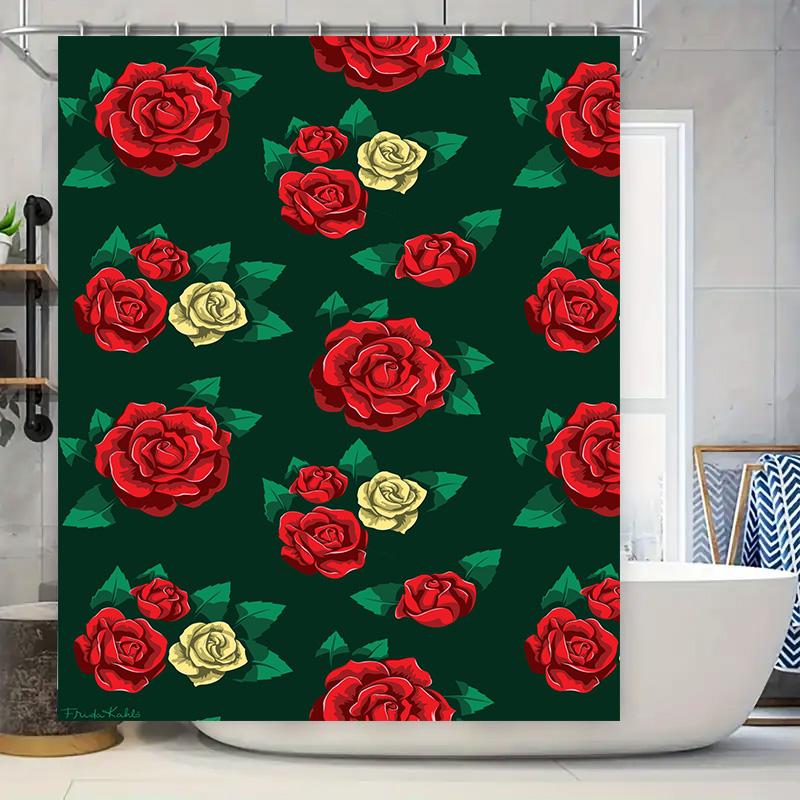 

Red Roses Shower Curtain Waterproof Fabric Bathroom Decor With Green Leaves Modern Kitchen Design Flower Print Wall Hanging Size W60H190(CM)-1 Pcs