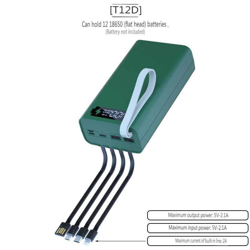 T12D 18650 DIY Power Bank Base with Type C Micro USB Cable Flashlight Fast Power Bank Case 18650 Battery Holder Charging Box Shell