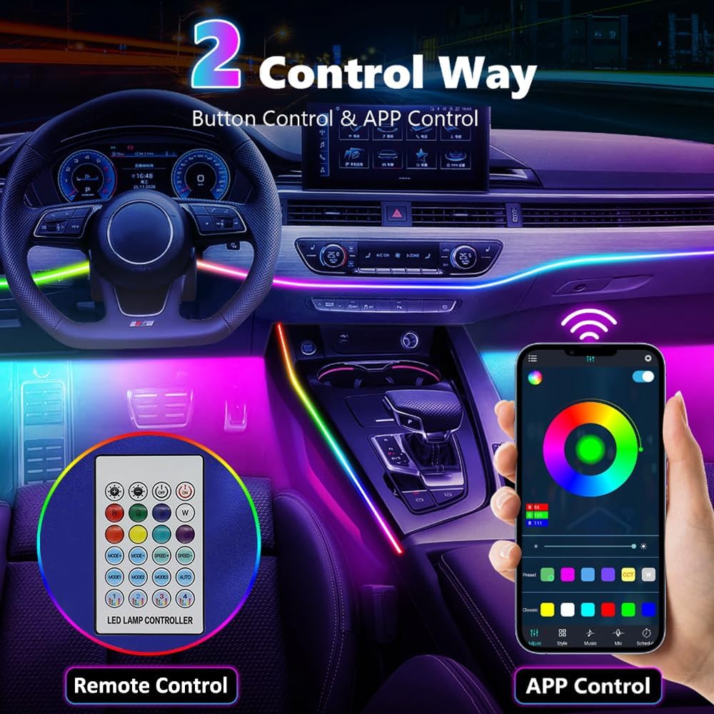 Acrylic Interior Car LED Lights With Remote And Wireless APP 6 In 1,Ambient Lighting Kits Fiber Optic Strip LEDs,16 Million Colors Music&DIY Function