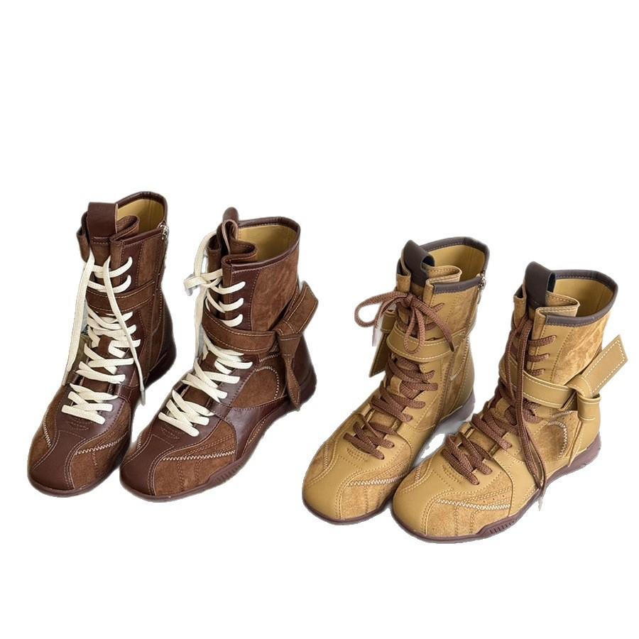 Yueyu Retro Versatile German Training Martin Boots Casual Sports Short Boots Versatile Boxing Boots Round Head Medium Tube Western Boots Women