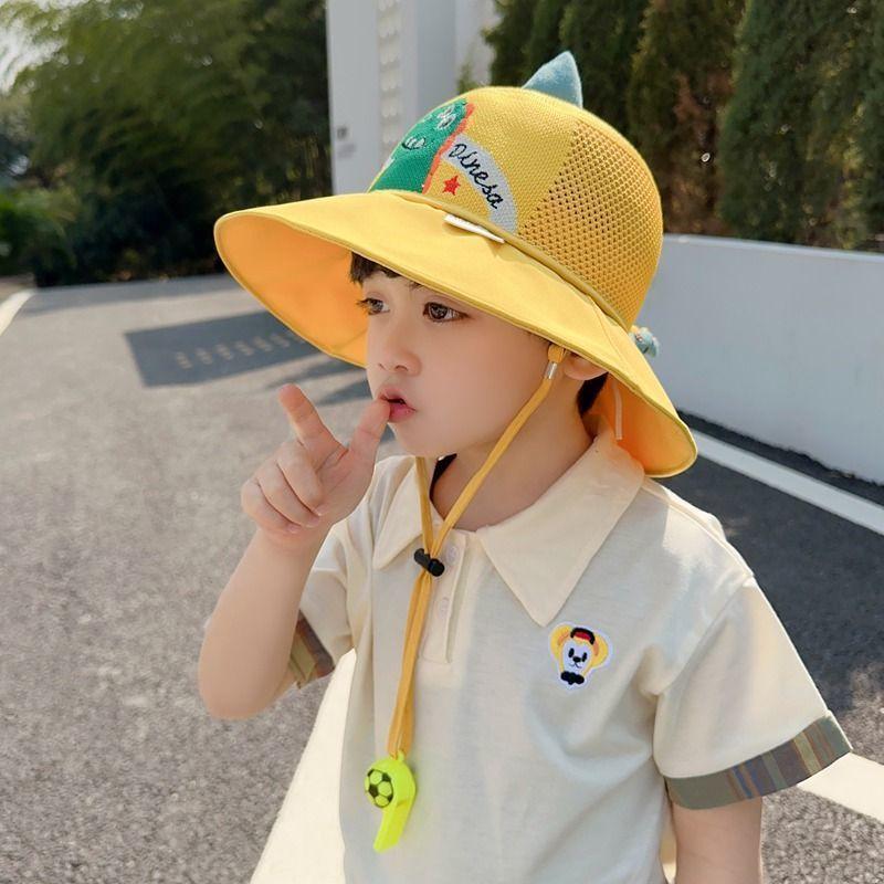 Kids Dinosaur Bucket Hat With Whistle Boys Summer Sun Hat Breathable Wide Brim UV Protection Cap ages 2-10, hat circumference 48-54cm