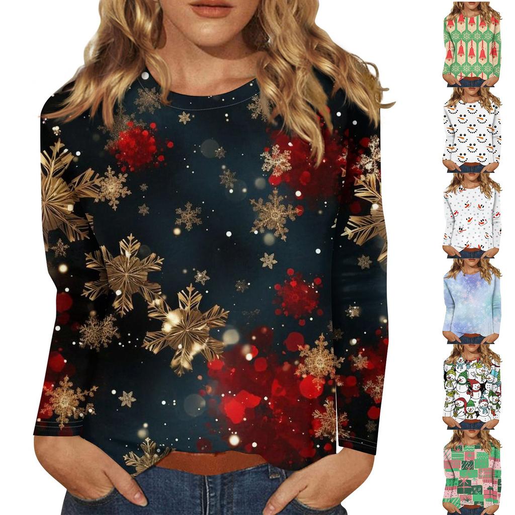 Women's Fashion Casual Christmas Print Round Neck Long Sleeve Decorative T-Shirt Top