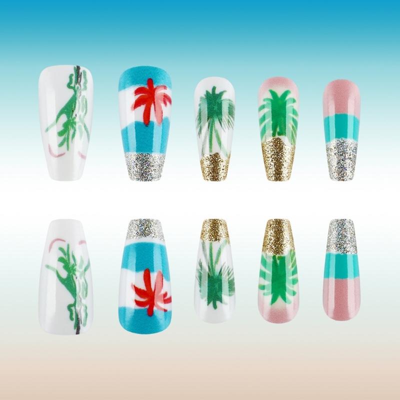 24 Pcs Summer Artificial Nail Long Ballerinas Full Cover False Nail Glittering Stick on Nail Coconut Tree Press On Nail