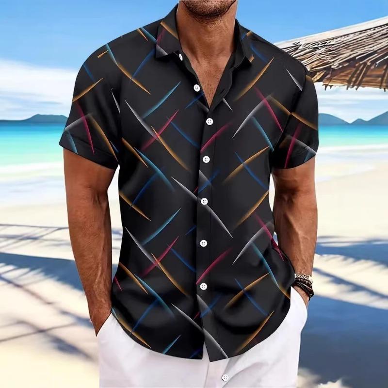 Men Colorful Geometric Print Short Sleeve Button Down Shirt