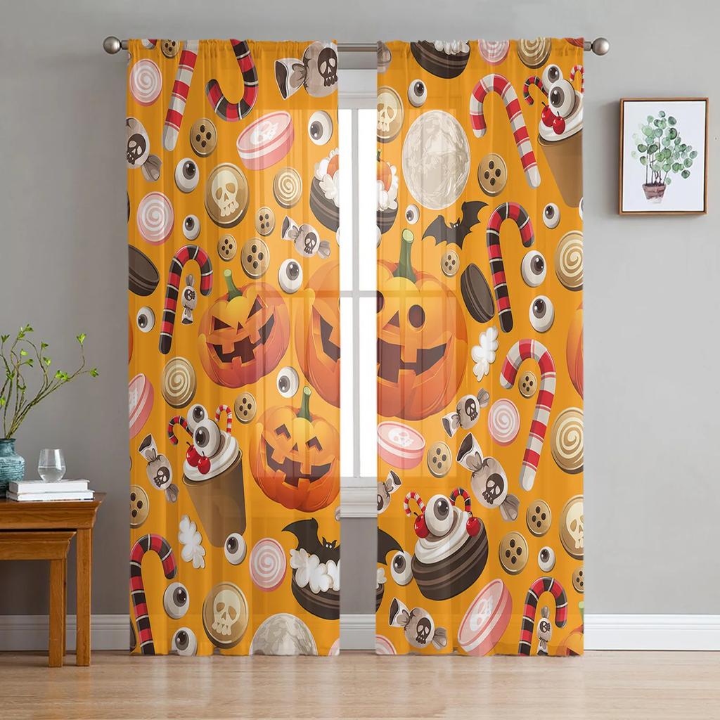 Halloween Bat Pumpkin Curtain Window Tulle Living Room Bedroom Kitchen Chiffon Treatment Decorations Curtains Light Filtering Polyester Sitting