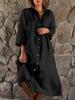 Women's New Cotton Linen Solid Color Button Long Dress