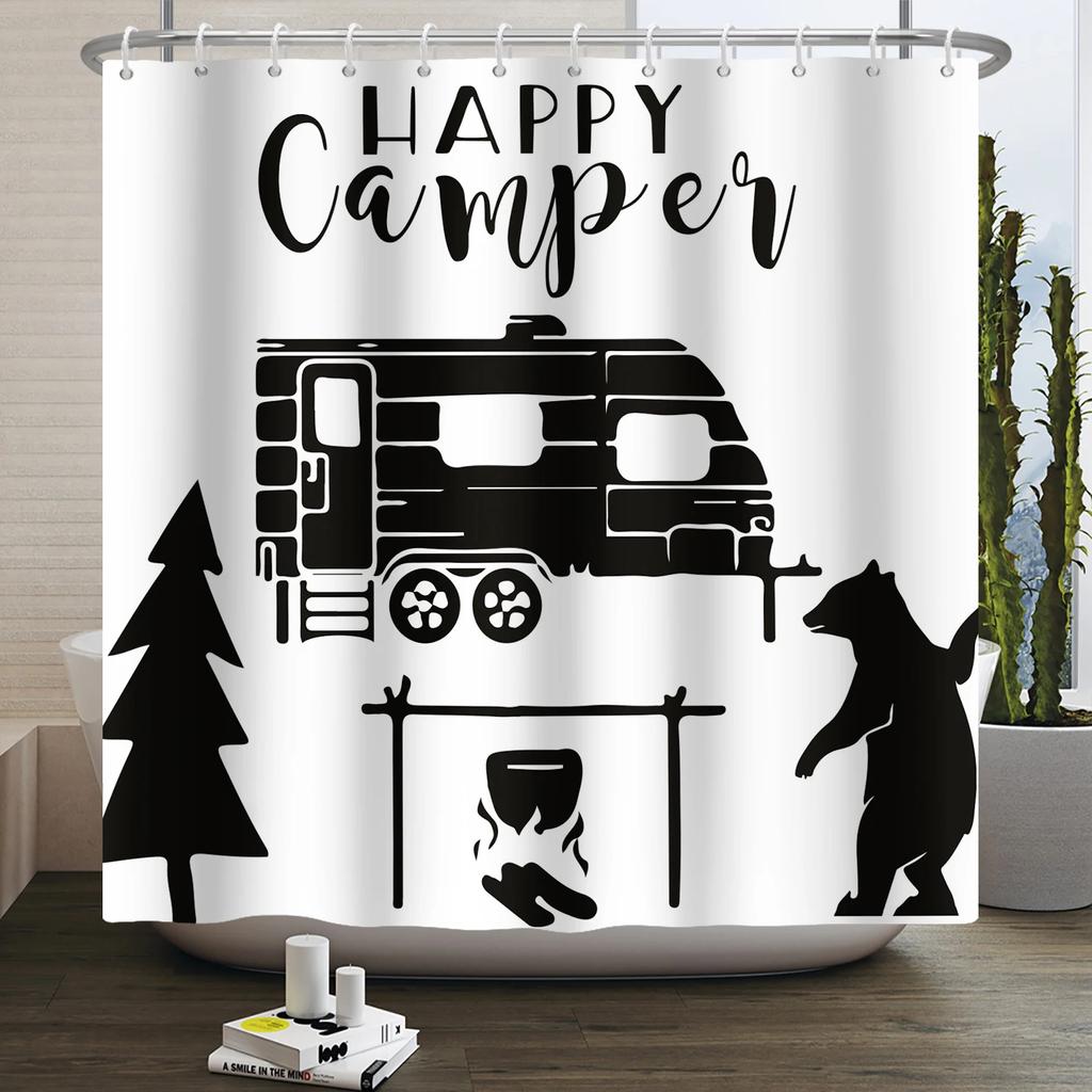 Camper Shower Curtain Happy Camper Trailer Car Rv Forest Mountain Tent Camping Bathroom Shower Curtain Waterproof Bath Curtain