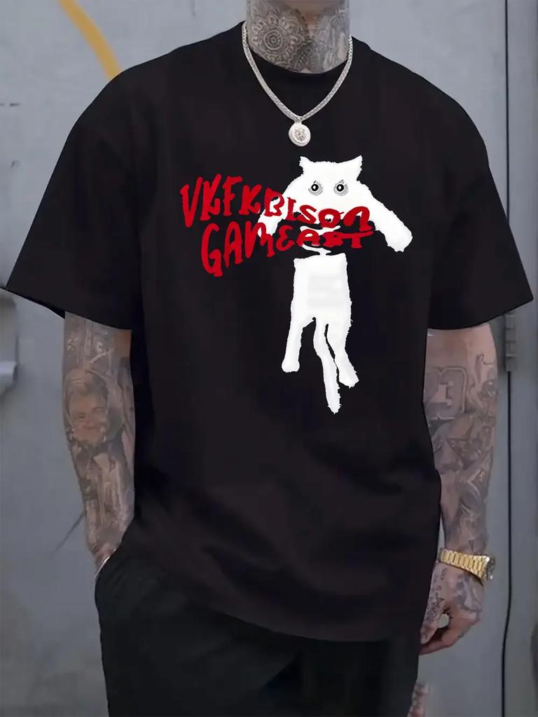 Casual Crew Neck T-shirt with Cartoon Animal and Game Name Print