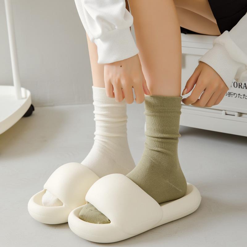 5 Pairs Socks Women's Mid-calf Socks Autumn and Winter Solid Colour Cotton Thickened White Thigh-high Stacked Socks Morandi Bone-less Monthly Socks