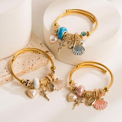 Adjustable Gold Alloy Bracelet with Pearl & Seashell Charms