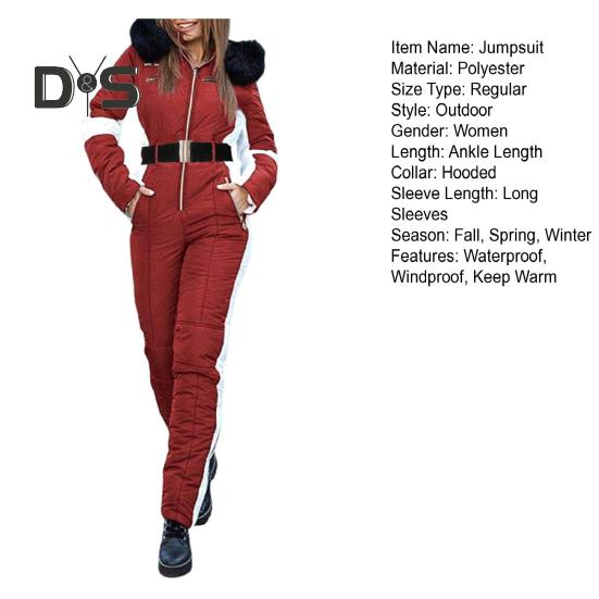 Macacão feminino para atividades ao ar livre, capuz removível, parka acolchoado, à prova de vento, mantém aquecido, à prova d'água, snowboard, esqui, fecho de zíper, roupas esportivas ao ar livre