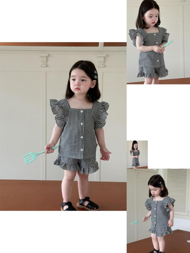 Rozkošný kojenecký letní outfit Dvoudílná sada Roztomilé kreslené bavlněné tričko s krátkým rukávem a šortky pro kojence v černém a kávovém kostkovaném vzoru