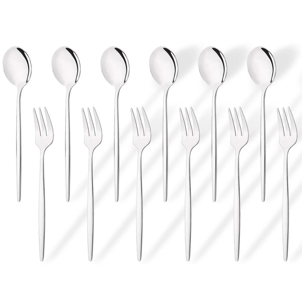 

12 шт. Набор вилок и ложек из нержавеющей стали с зеркальным золотом, вилка для торта, закусок, салатов, кофе, фруктов, ложек, столовые приборы, кухонный набор столовых приборов серебряный