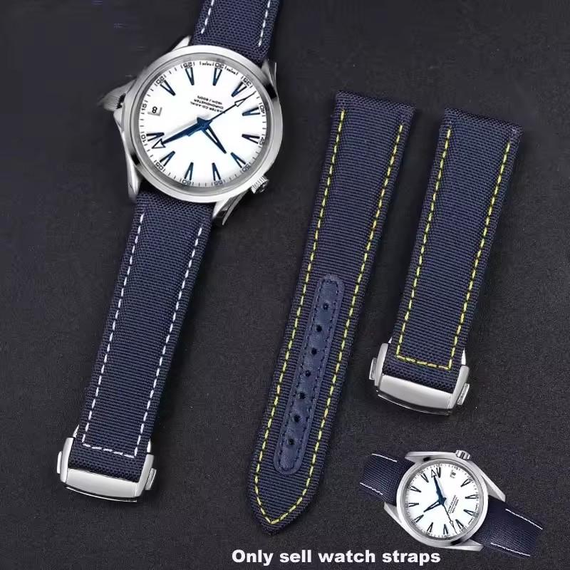 Woven Canvas Watch Strap For Omega Seamaster 300 AT150 Fabric Leather Nylon AQUA TERRA 150 Blue Black Watchband 19mm 20mm
