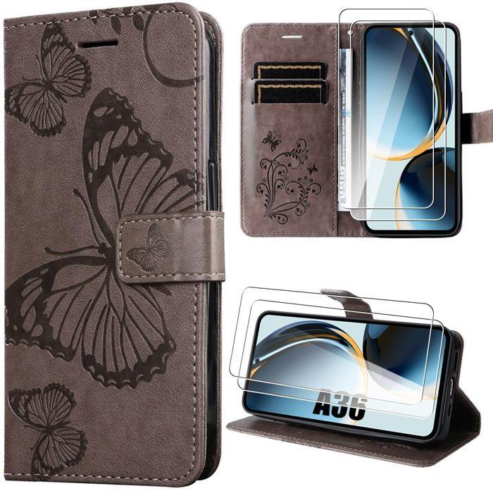 Coque - BOOLING - Samsung Galaxy A36 5G/A56 5G - Effet Cuir Marron Motif Papillon - 2 Verres Trempés